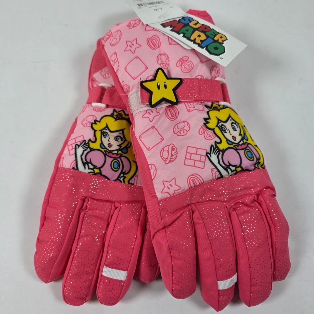 Super Mario Princess Peach Girls Snow Gloves S/M Pink Winter Ski NEW Tags